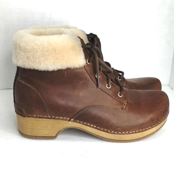 Dansko Bailee Lace Up Bootie size 38 US 7.5 8 brown leather fleece trim - Picture 3 of 9